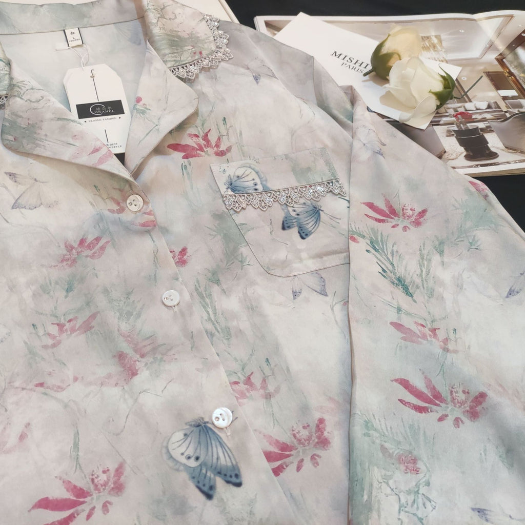 Lace Lined Butterfly Printed Silk Pajama Set