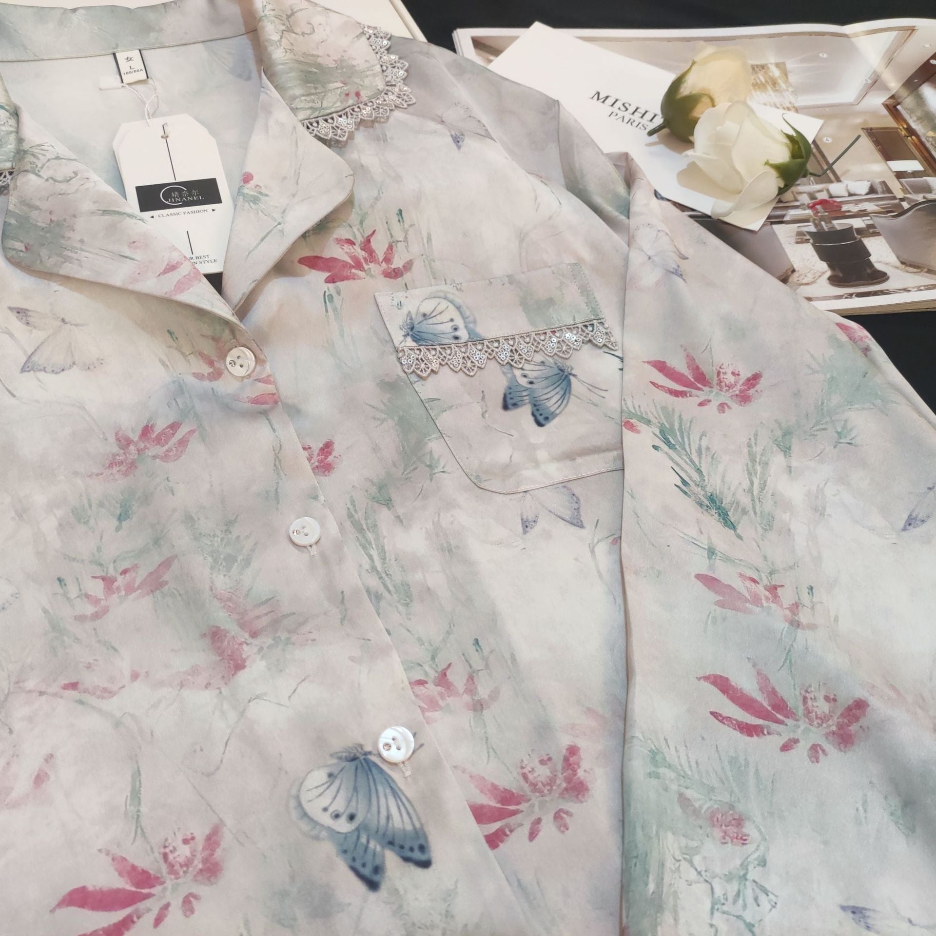 Lace Lined Butterfly Printed Silk Pajama Set