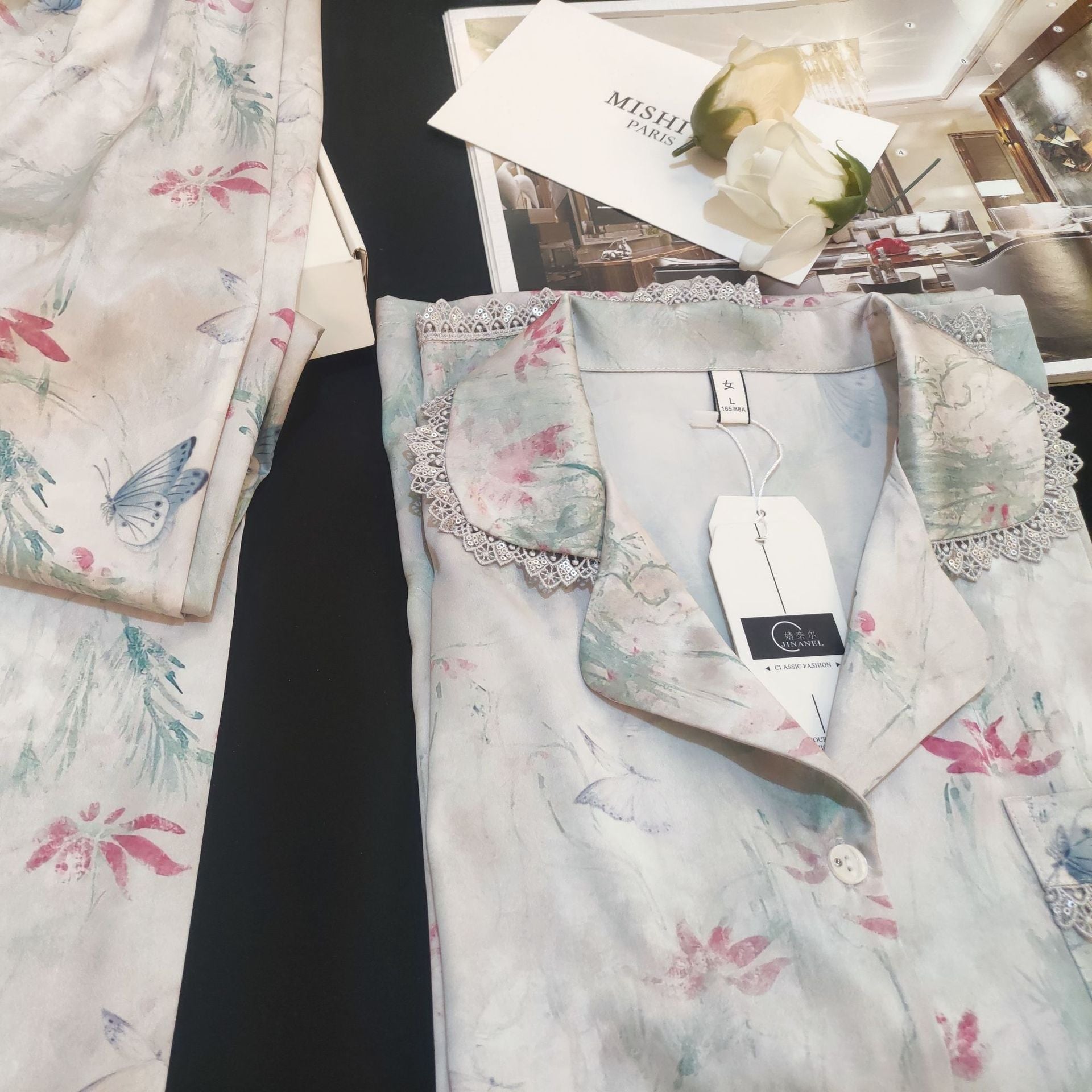 Lace Lined Butterfly Printed Silk Pajama Set