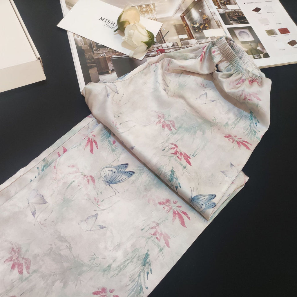 Lace Lined Butterfly Printed Silk Pajama Set