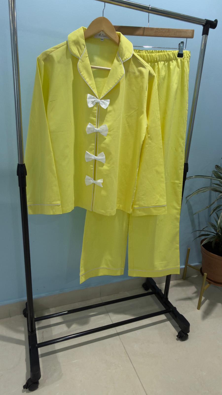 Yellow Cotton Pajama Set with White Bow Details