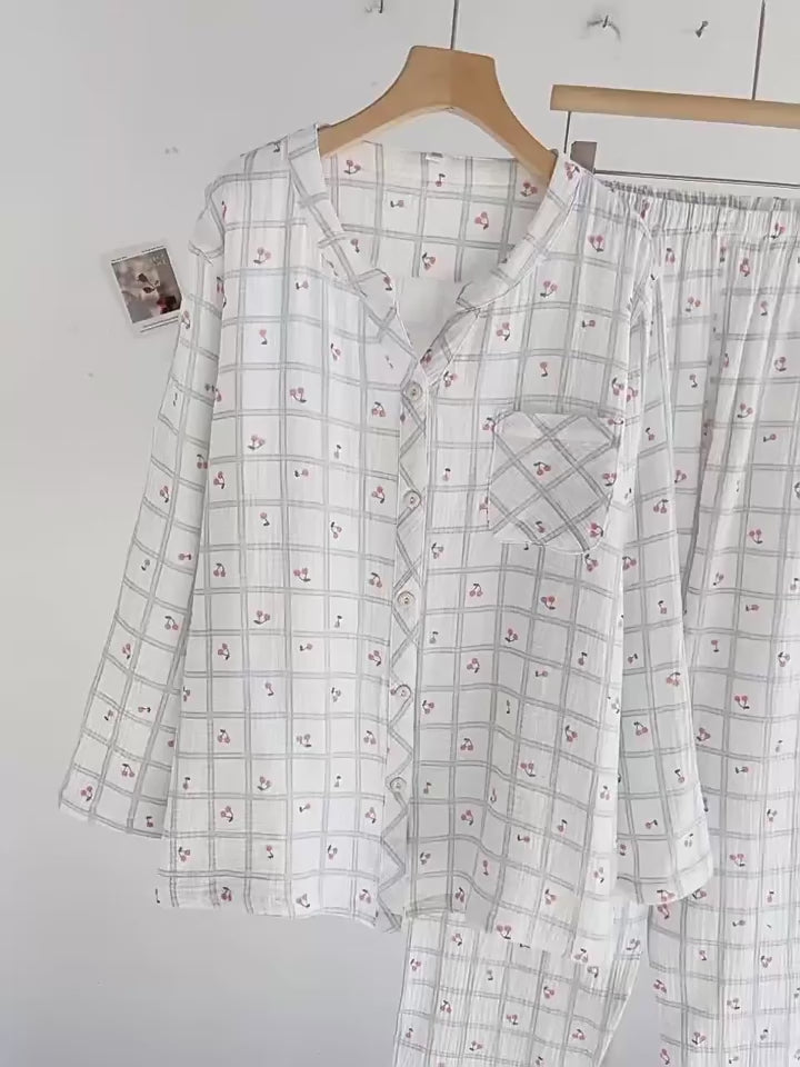 Cotton V-Neck Cherry AOP Plaid Co-ord Pyjama Set