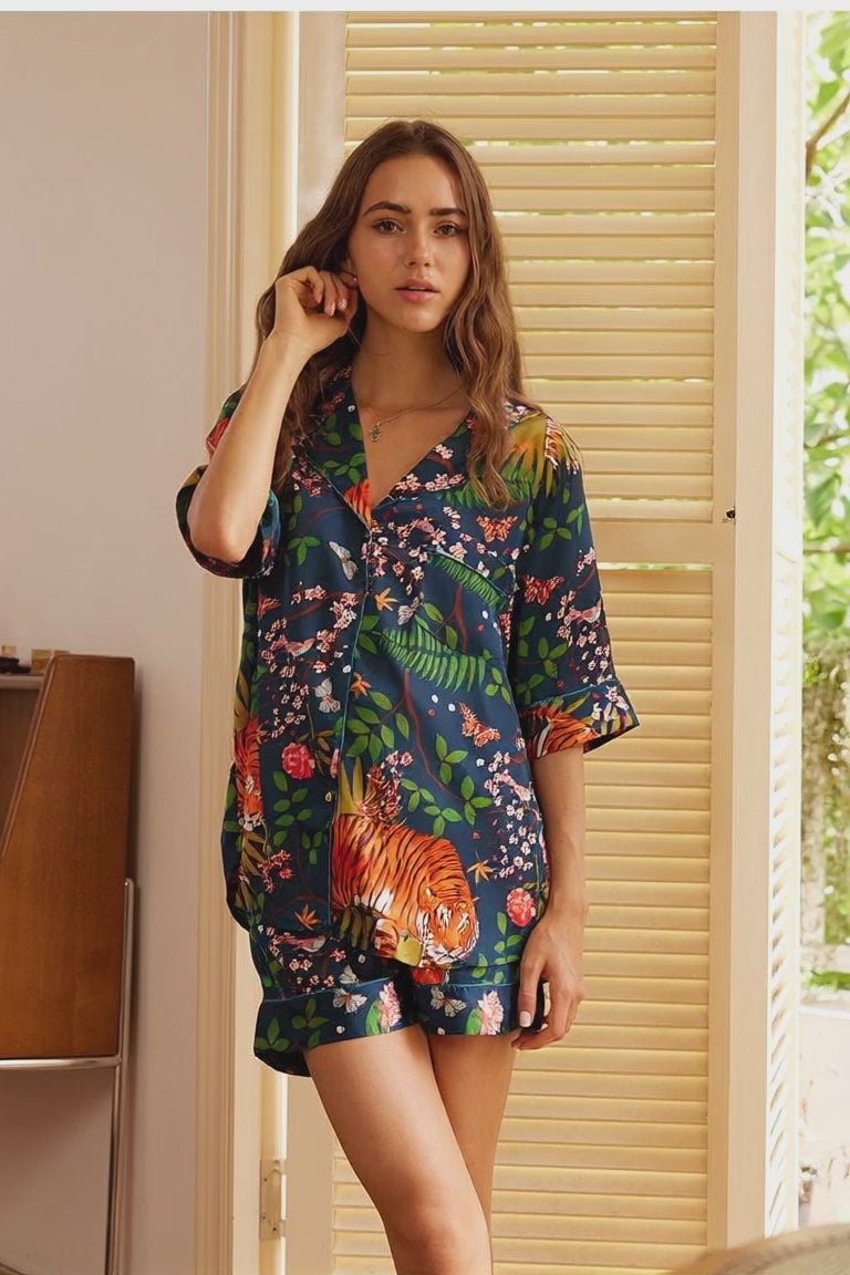 Navy Tiger & Floral Silk Shorts Co-ord Set