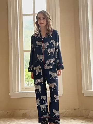 Navy Zebra Print Ice Silk Co-ord Pyjama Set