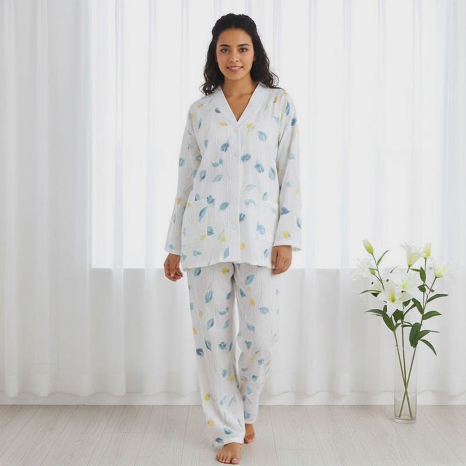 White Floral Cotton Gauze Co-ord Pyjama Set