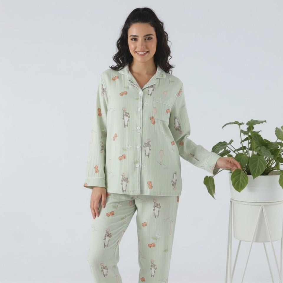 Cotton Squirrel Print Green Co-ord Pyjama Set