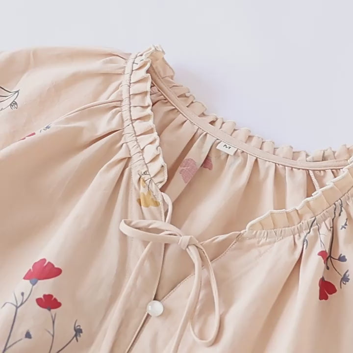 Women’s Beige Periwinkle Print Cotton Co-ord Pyjama Set