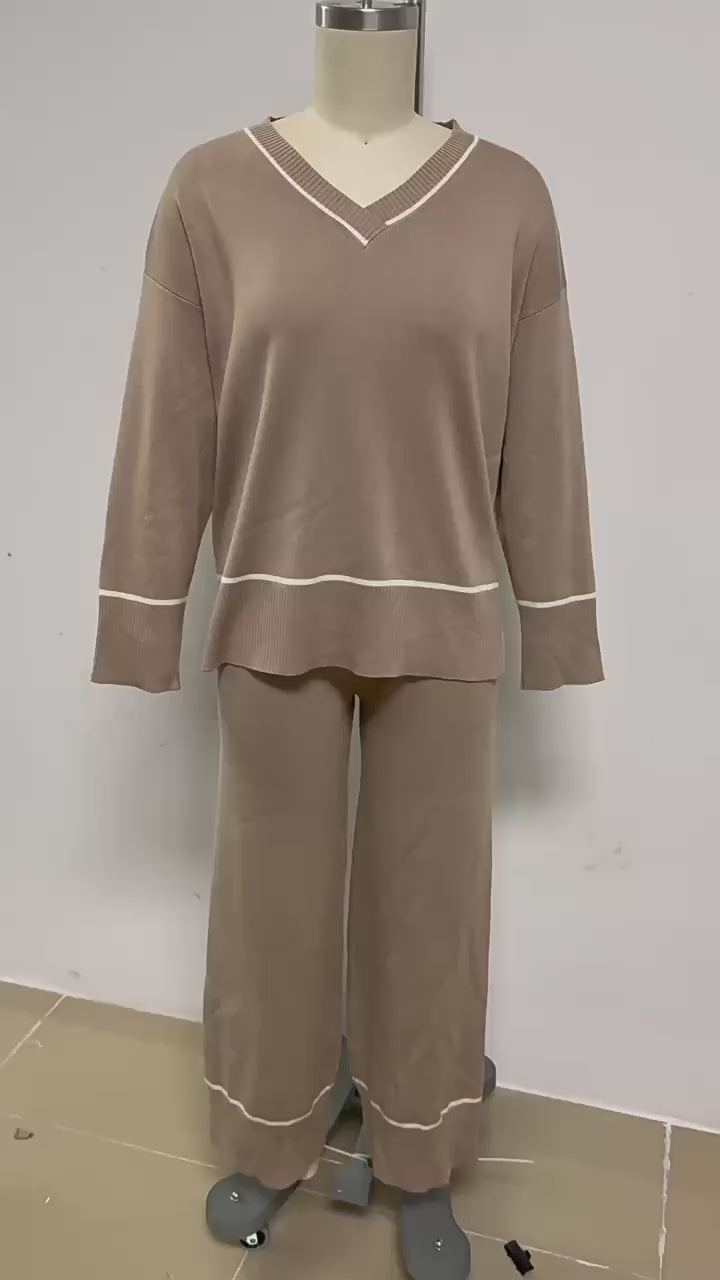 Loose Pullover Knitted Pajama Set - Khaki