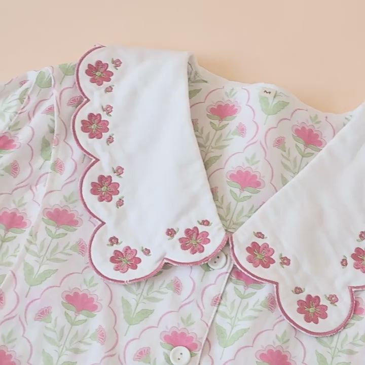 Floral Cotton Pajama Set with Embroidered Collar
