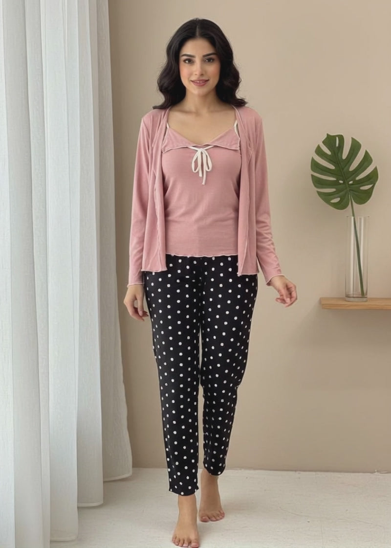 Contrast tie-up Polka Dots 3PC Cotton Pajama Set - Rose Pink