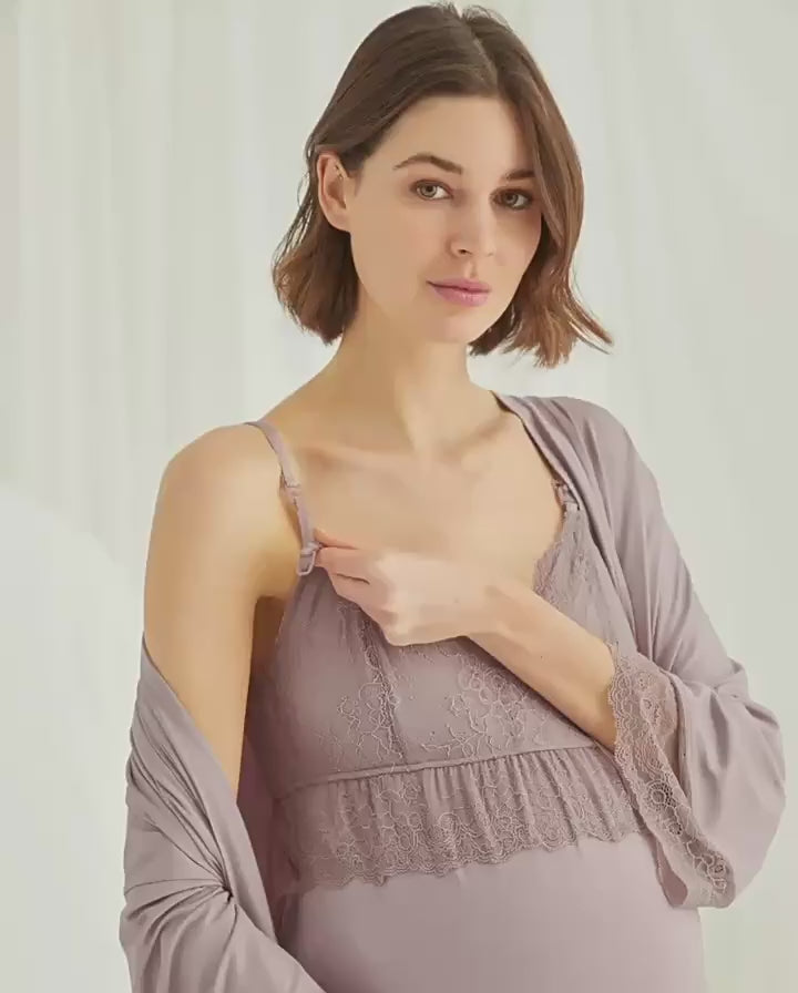 Maternity Lace-Trim Nursing 3PC Pajama Set - Pink