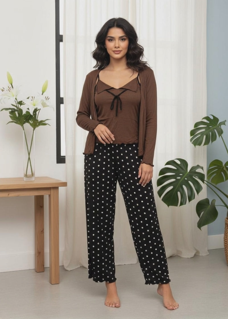 Contrast tie-up Polka Dots 3PC Cotton Pajama Set - Brown