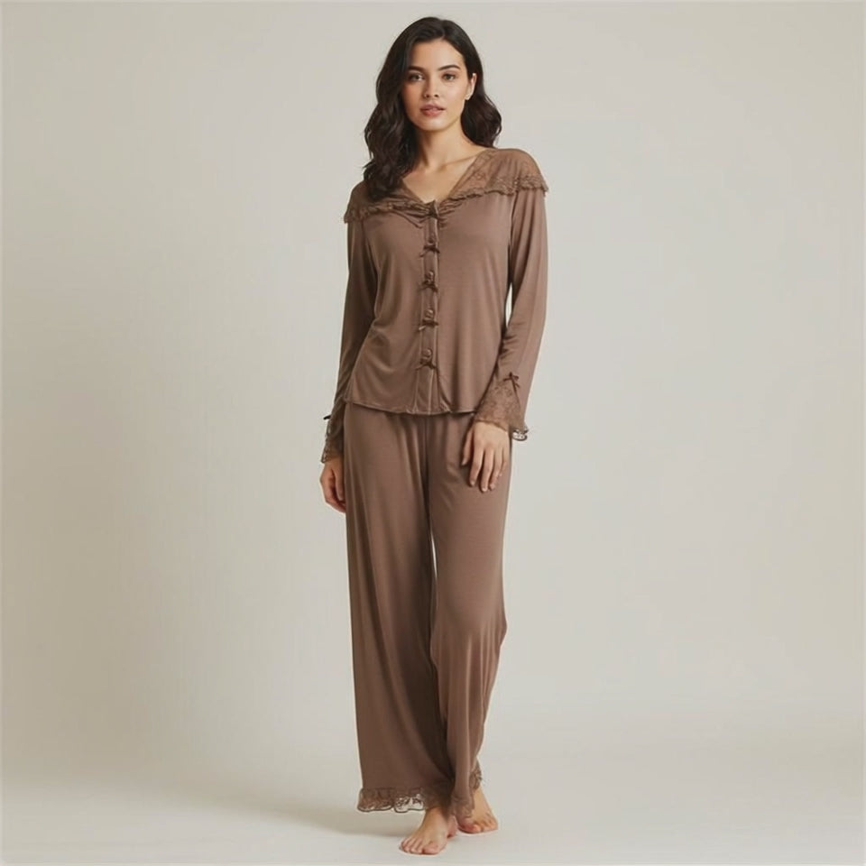 Lace Trim Wide Leg Cotton Pajama Set - Brown